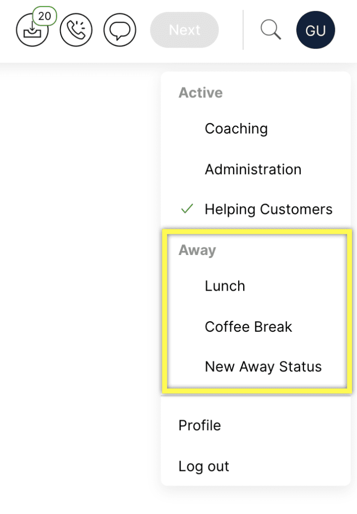 Image showing the available Away status descriptions in Gladly, including Lunch, Coffee Break, and New Away Status