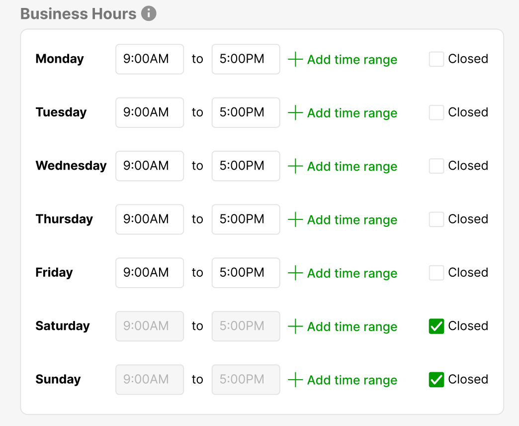 Business Hours Options