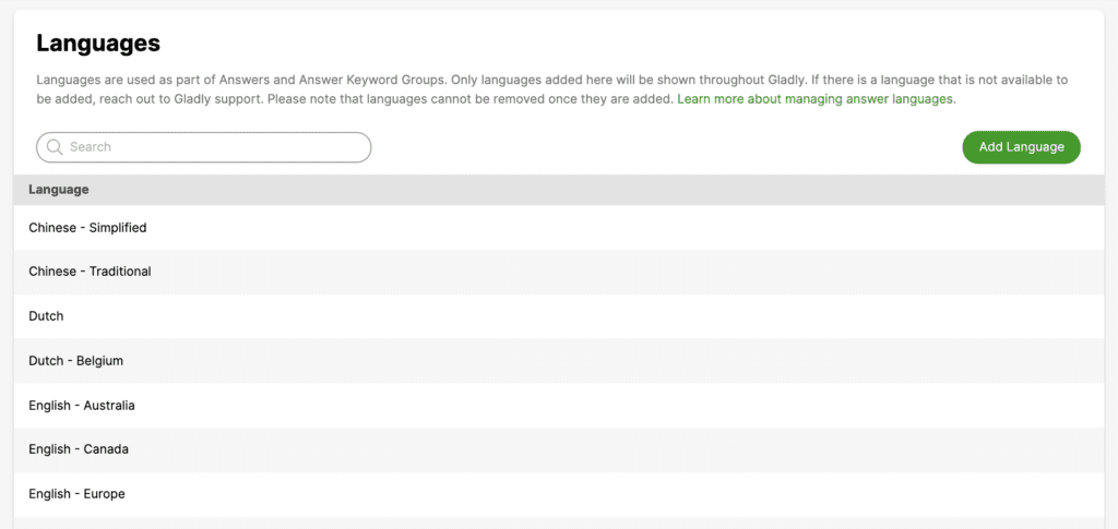 Image showing Language options for Gladly Answers