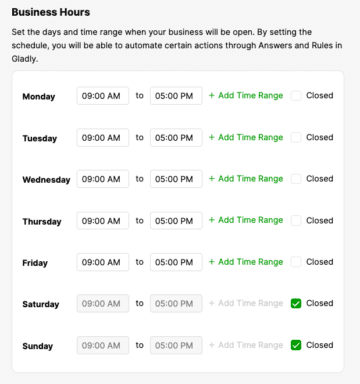 Business hours option for the week