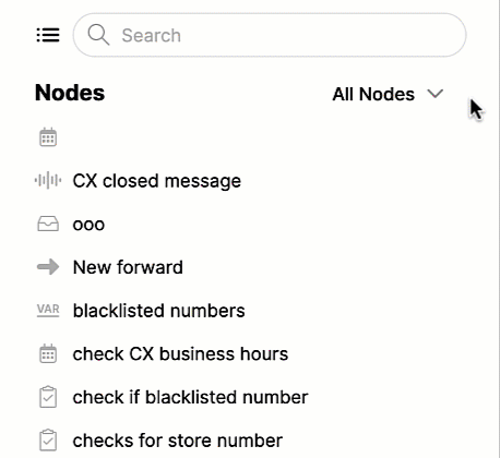 Animated gif showing how to find all Nodes with Errors under the "All Nodes" drop-down menu in Gladly