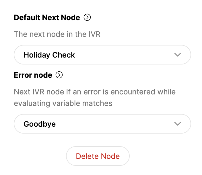 Image showing a Default Next Node and Error Node in Gladly