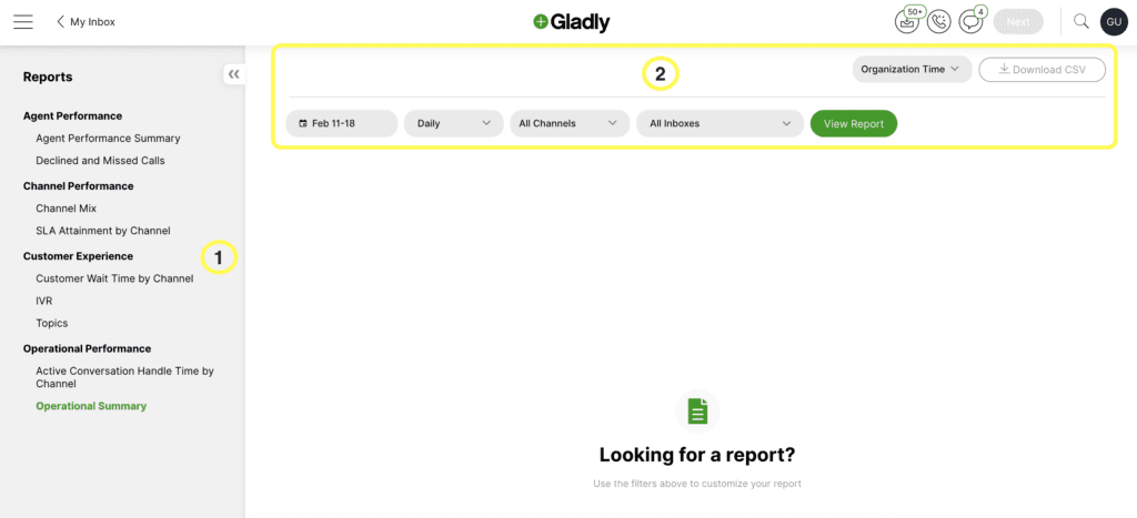 Image showing where to find filters to apply to Gladly Reports
