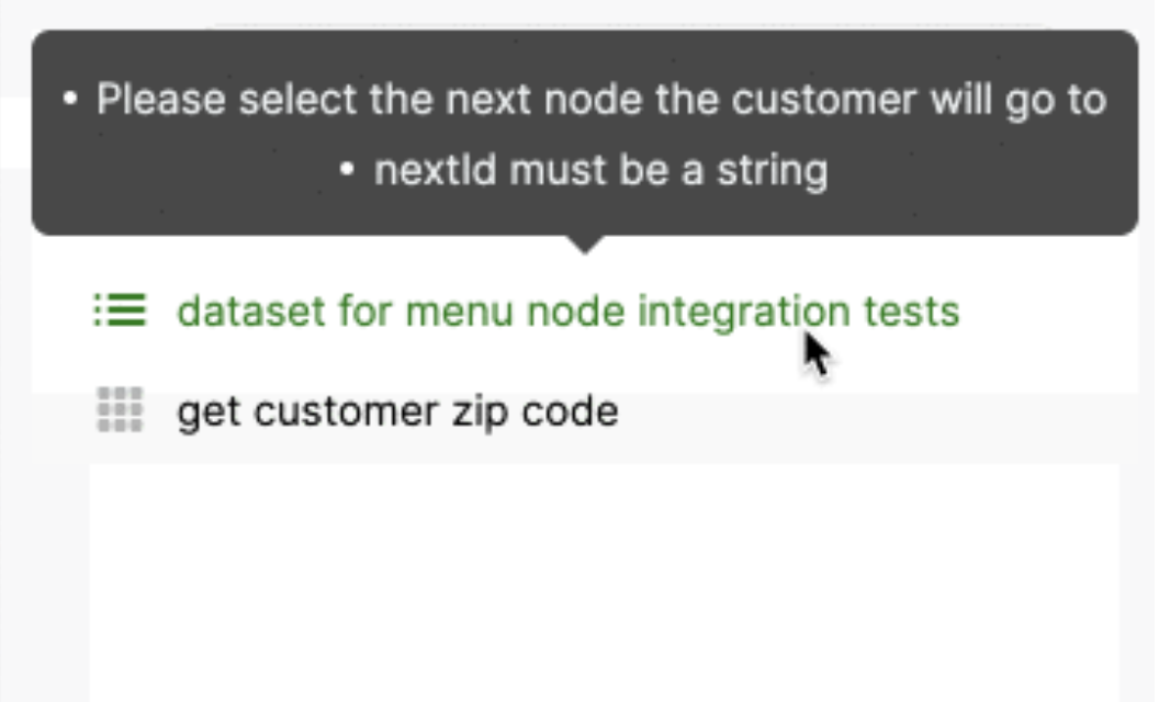 Image showing a prompt for Agents to select the next Node in an IVR tree