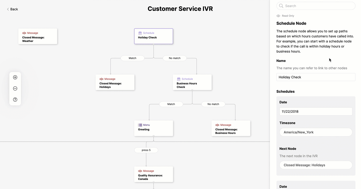Animated gif showing Nodes within the Gladly IVR interface