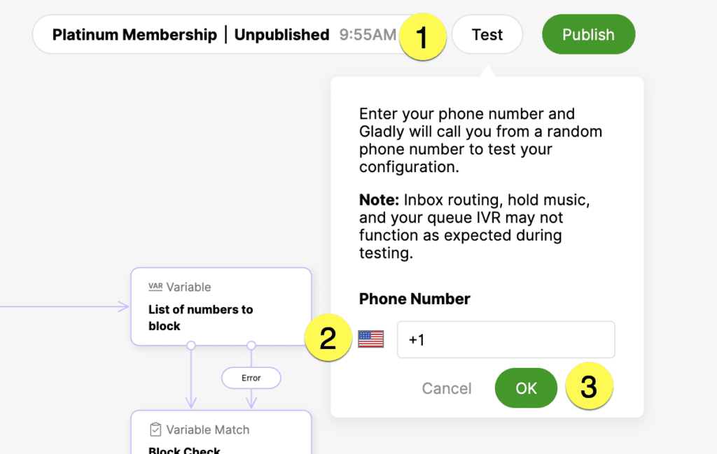 Image showing the Test, Phone Number, and OK button options in IVR flow