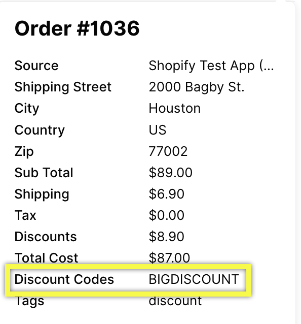 Order details - Discount Codes