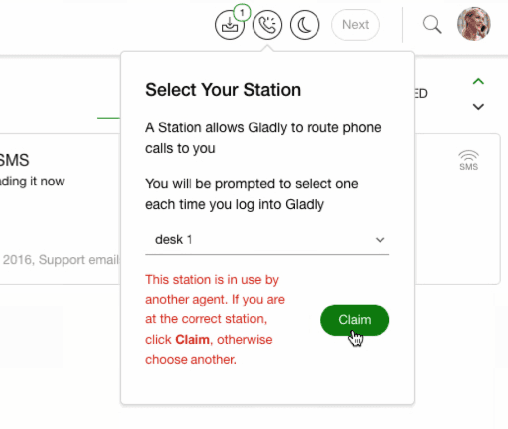 Image showing a warning error if a user selects a Desk or Station that is already in use in Gladly