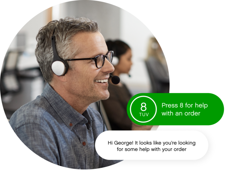 Image of a man talking into a headset with IVR instructions to "Press 8 for help with an order"