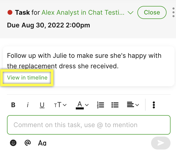 Image showing how to view a Task comment in Timeline 