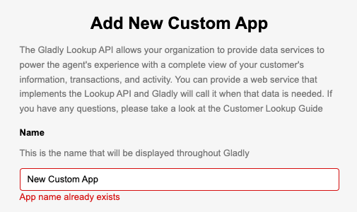 Name already exists error for Custom Apps